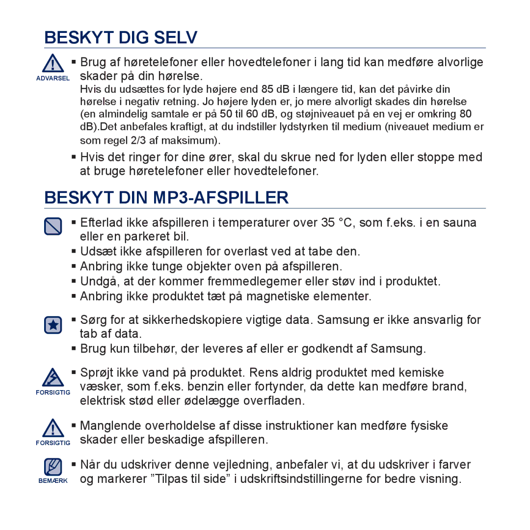 Samsung YP-P3JCB/XEE, YP-P3JEB/XEE manual Beskyt DIN MP3-AFSPILLER 