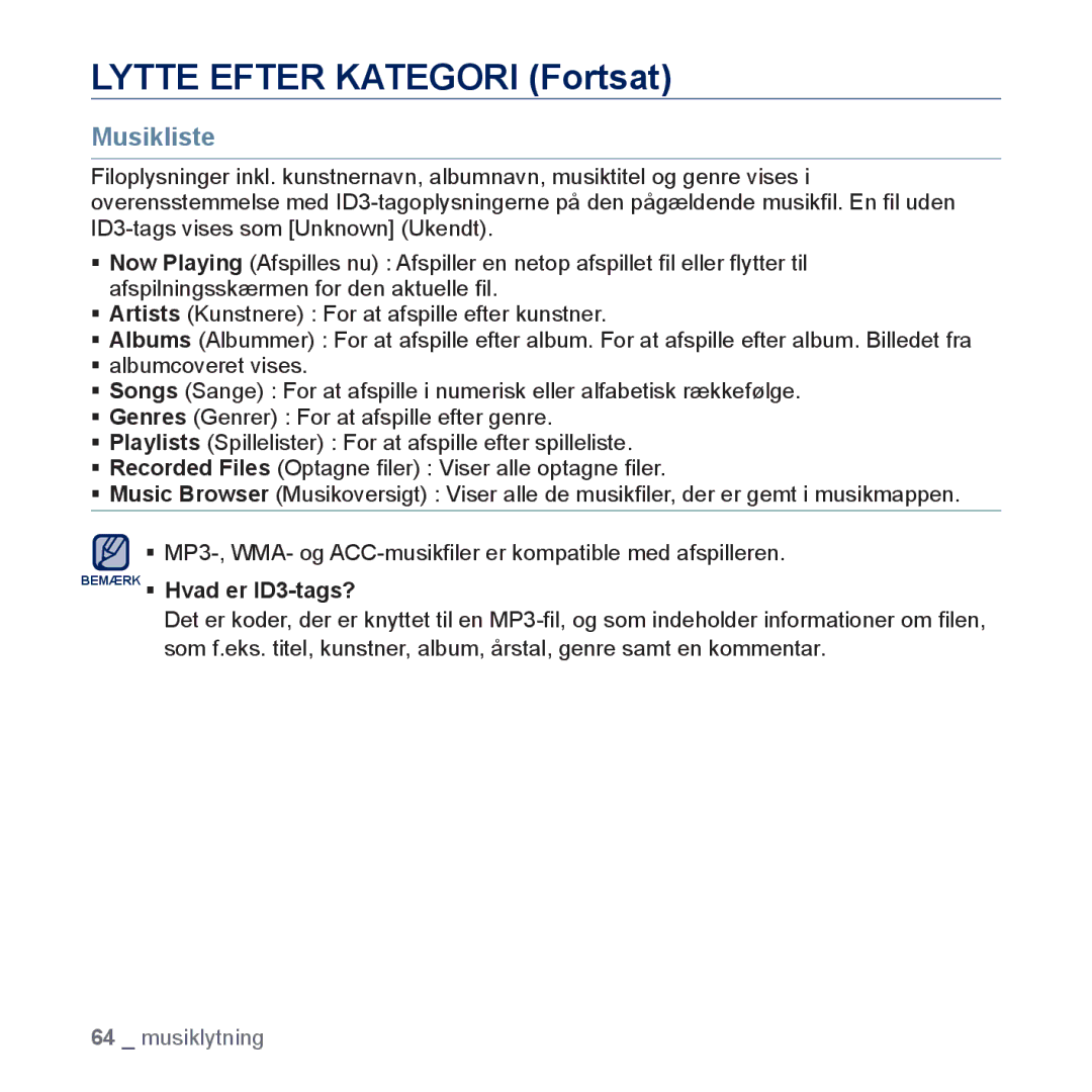 Samsung YP-P3JEB/XEE, YP-P3JCB/XEE manual Lytte Efter Kategori Fortsat, Musikliste 