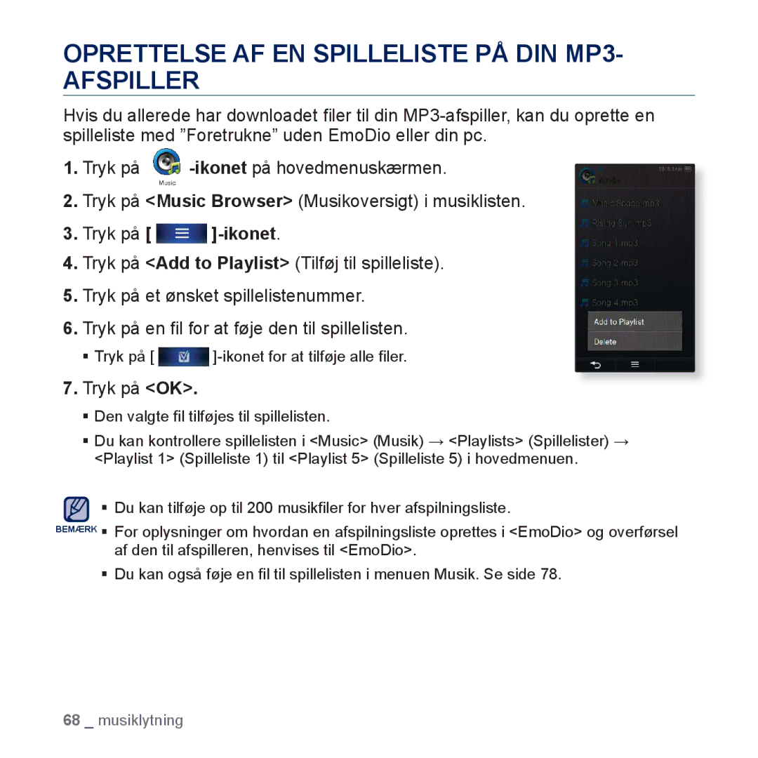 Samsung YP-P3JEB/XEE, YP-P3JCB/XEE manual Oprettelse AF EN Spilleliste PÅ DIN MP3- Afspiller, Tryk på -ikonet 