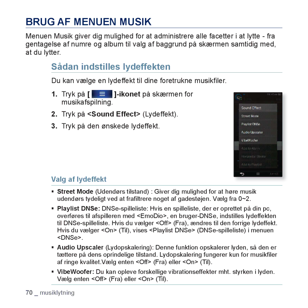 Samsung YP-P3JEB/XEE, YP-P3JCB/XEE manual Brug AF Menuen Musik, Sådan indstilles lydeffekten, Valg af lydeffekt 