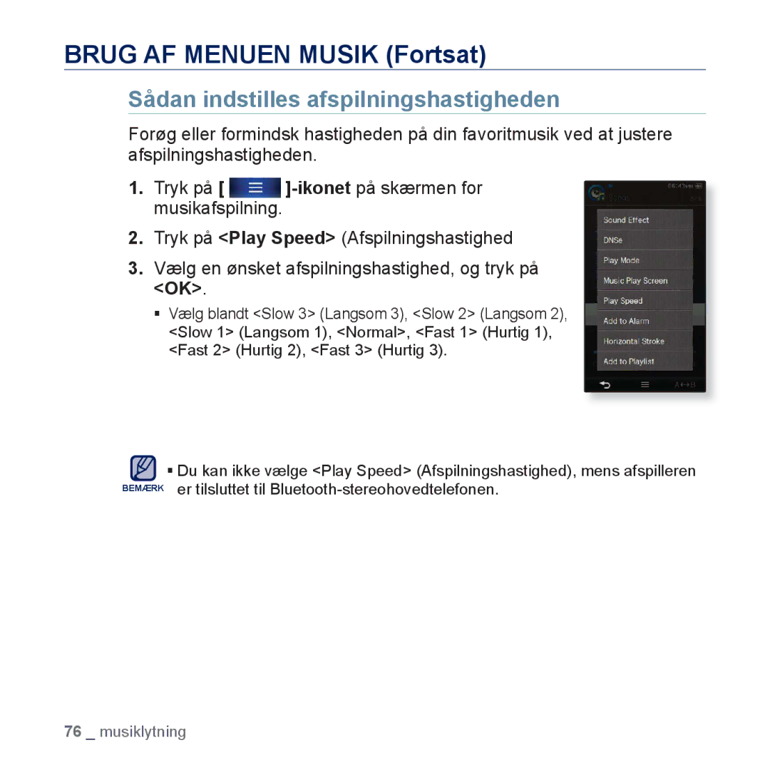 Samsung YP-P3JEB/XEE, YP-P3JCB/XEE manual Sådan indstilles afspilningshastigheden 