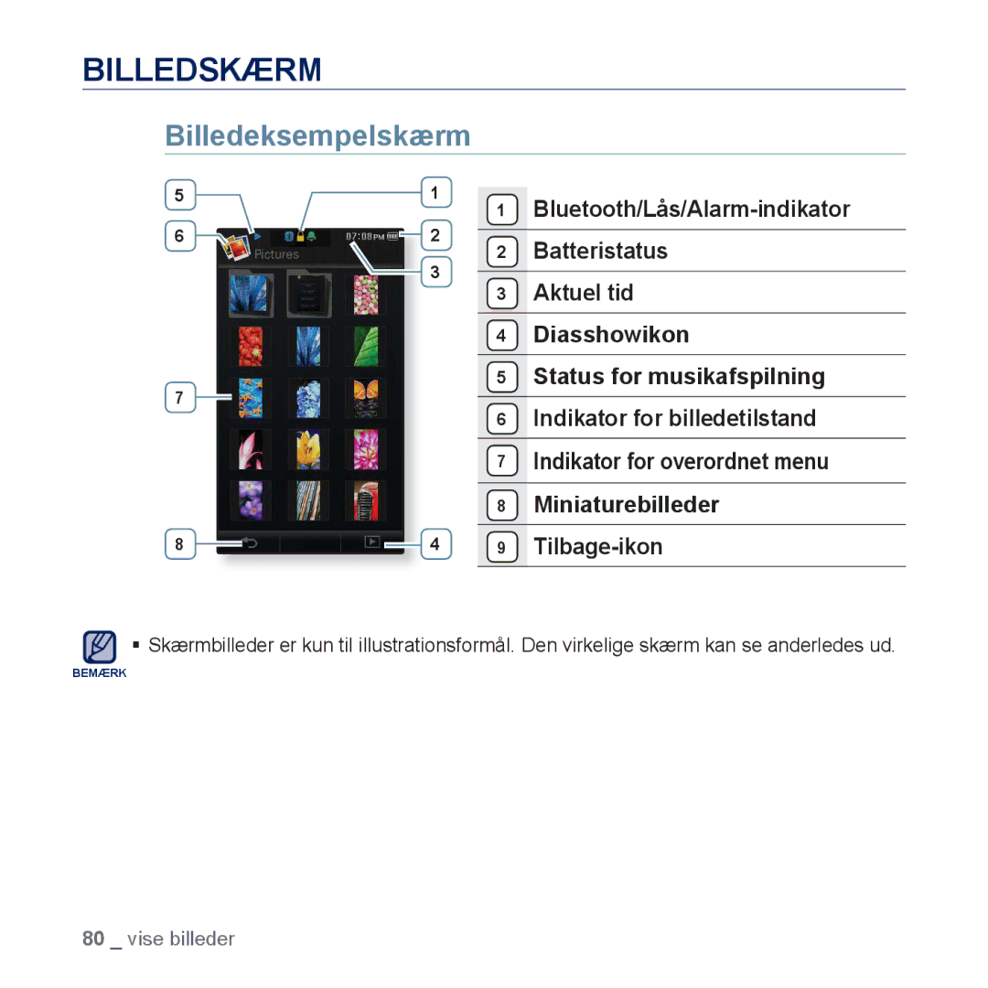 Samsung YP-P3JEB/XEE, YP-P3JCB/XEE manual Billedskærm, Billedeksempelskærm, Bluetooth/Lås/Alarm-indikator 