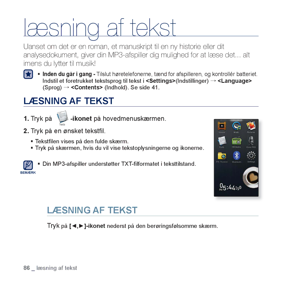 Samsung YP-P3JEB/XEE, YP-P3JCB/XEE manual Læsning af tekst, Læsning AF Tekst 