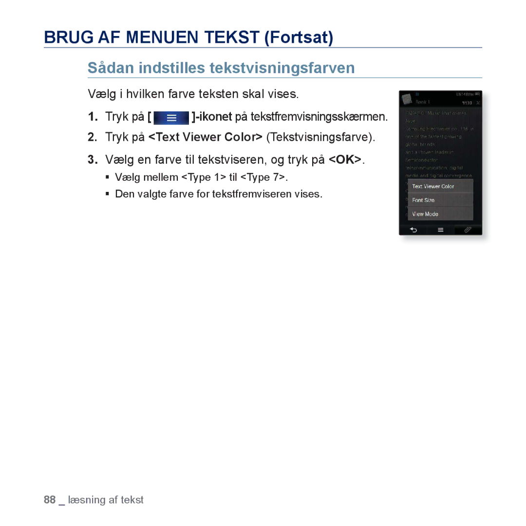 Samsung YP-P3JEB/XEE, YP-P3JCB/XEE manual Brug AF Menuen Tekst Fortsat, Sådan indstilles tekstvisningsfarven 