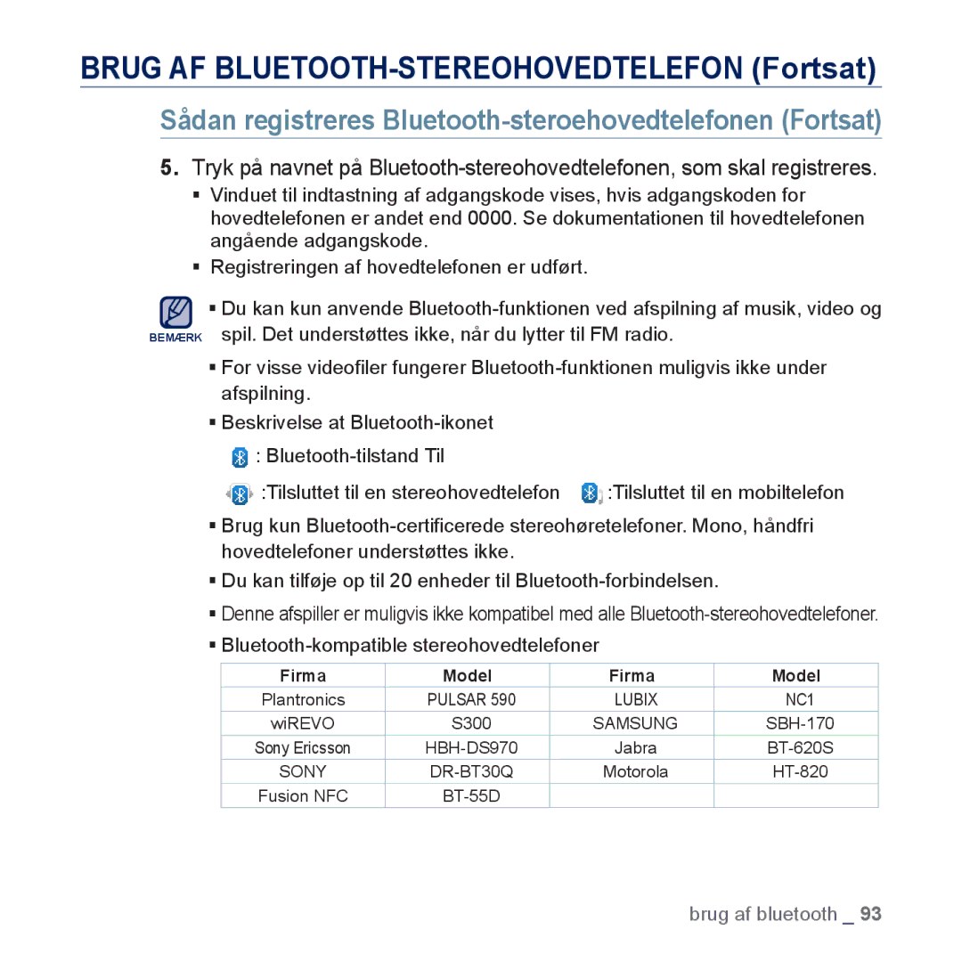 Samsung YP-P3JCB/XEE, YP-P3JEB/XEE manual Brug AF BLUETOOTH-STEREOHOVEDTELEFON Fortsat 