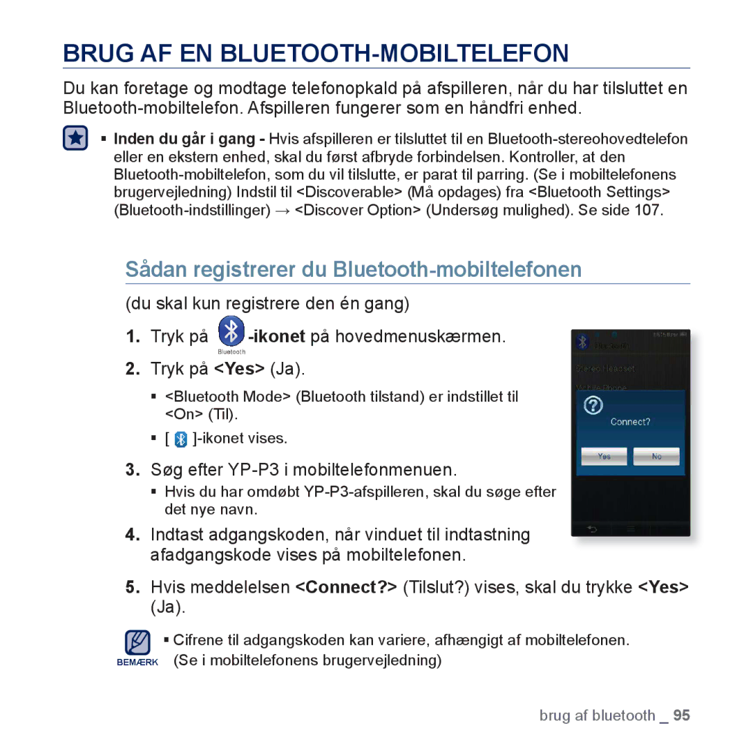 Samsung YP-P3JCB/XEE, YP-P3JEB/XEE manual Brug AF EN BLUETOOTH-MOBILTELEFON, Sådan registrerer du Bluetooth-mobiltelefonen 