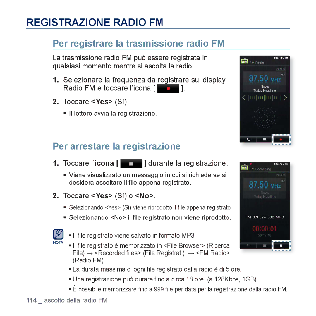 Samsung YP-P3JES/EDC manual Registrazione Radio FM, Per registrare la trasmissione radio FM, Per arrestare la registrazione 