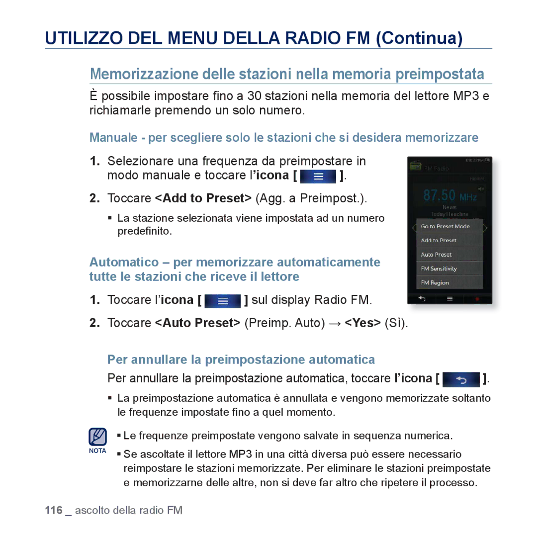 Samsung YP-P3JCB/EDC Utilizzo DEL Menu Della Radio FM Continua, Memorizzazione delle stazioni nella memoria preimpostata 