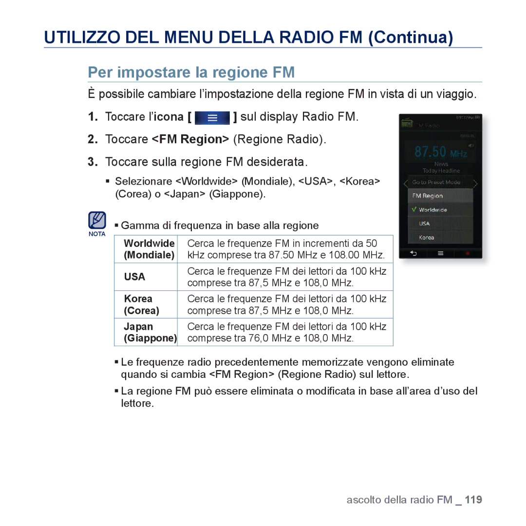 Samsung YP-P3JEB/XEF, YP-P3JCB/XEF, YP-P3JES/EDC, YP-P3JEB/EDC, YP-P3JCB/EDC, YP-P3JCS/EDC manual Per impostare la regione FM 