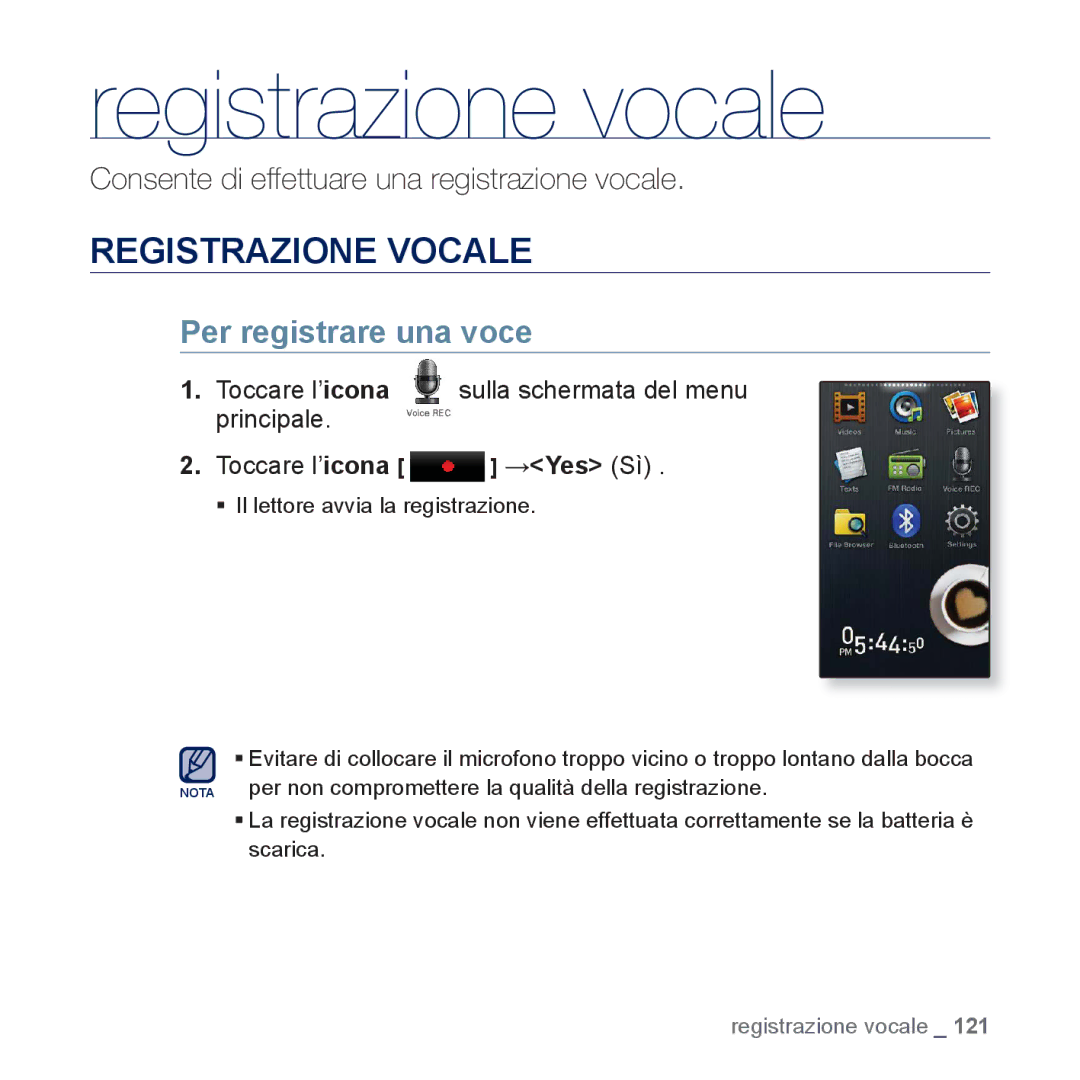Samsung YP-P3JES/EDC manual Registrazione vocale, Registrazione Vocale, Per registrare una voce, Toccare l’ icona Yes Sì 