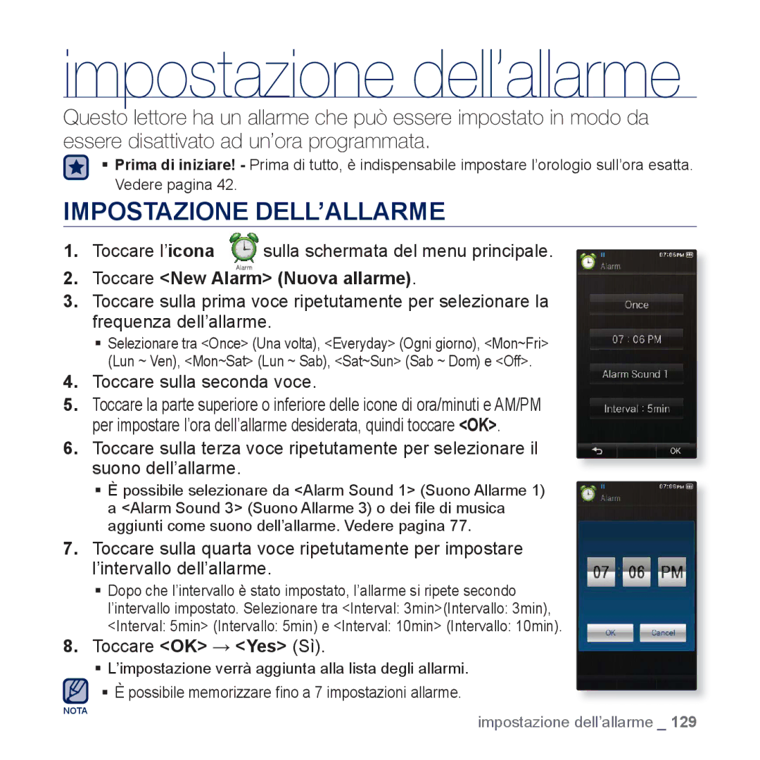 Samsung YP-P3JEB/EDC, YP-P3JEB/XEF Impostazione DELL’ALLARME, Toccare New Alarm Nuova allarme, Toccare sulla seconda voce 