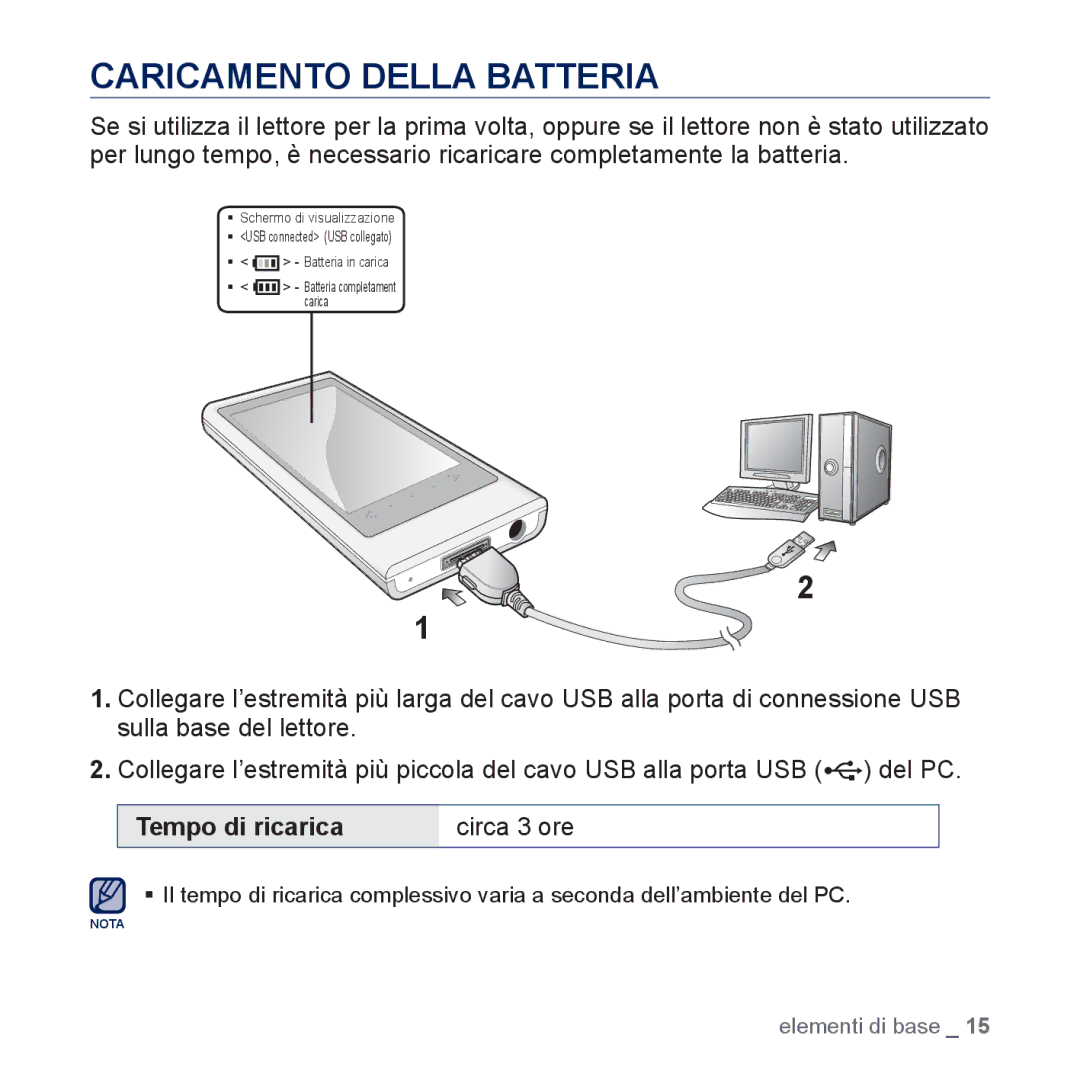 Samsung YP-P3JCB/XEF, YP-P3JEB/XEF, YP-P3JES/EDC, YP-P3JEB/EDC Caricamento Della Batteria, Tempo di ricarica Circa 3 ore 