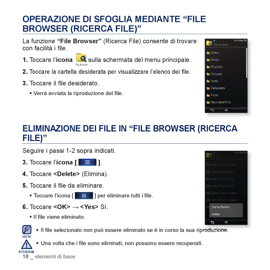 Samsung YP-P3JCB/EDC, YP-P3JEB/XEF manual Operazione DI Sfoglia Mediante File Browser Ricerca File, Toccare OK Yes Sì 
