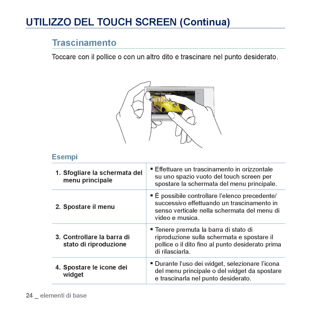 Samsung YP-P3JEB/EDC, YP-P3JEB/XEF, YP-P3JCB/XEF, YP-P3JES/EDC, YP-P3JCB/EDC, YP-P3JCS/EDC, YP-P3JCB/XEG manual Trascinamento 