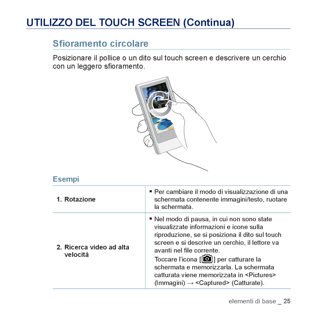 Samsung YP-P3JCB/EDC, YP-P3JEB/XEF, YP-P3JCB/XEF manual Sﬁoramento circolare, Rotazione, Ricerca video ad alta, Velocità 