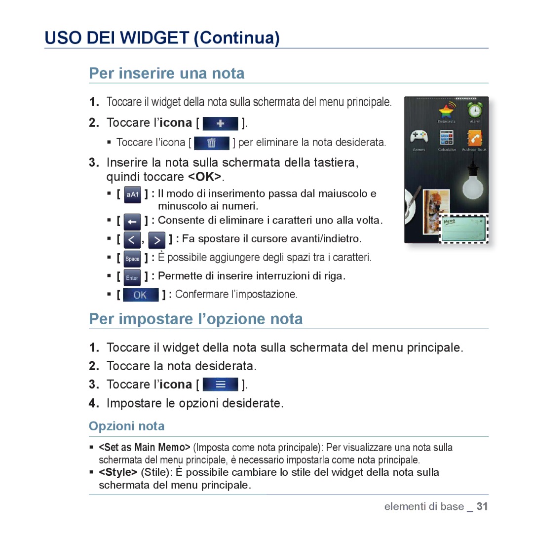 Samsung YP-P3JEB/EDC manual USO DEI Widget Continua, Per inserire una nota, Per impostare l’opzione nota, Opzioni nota 