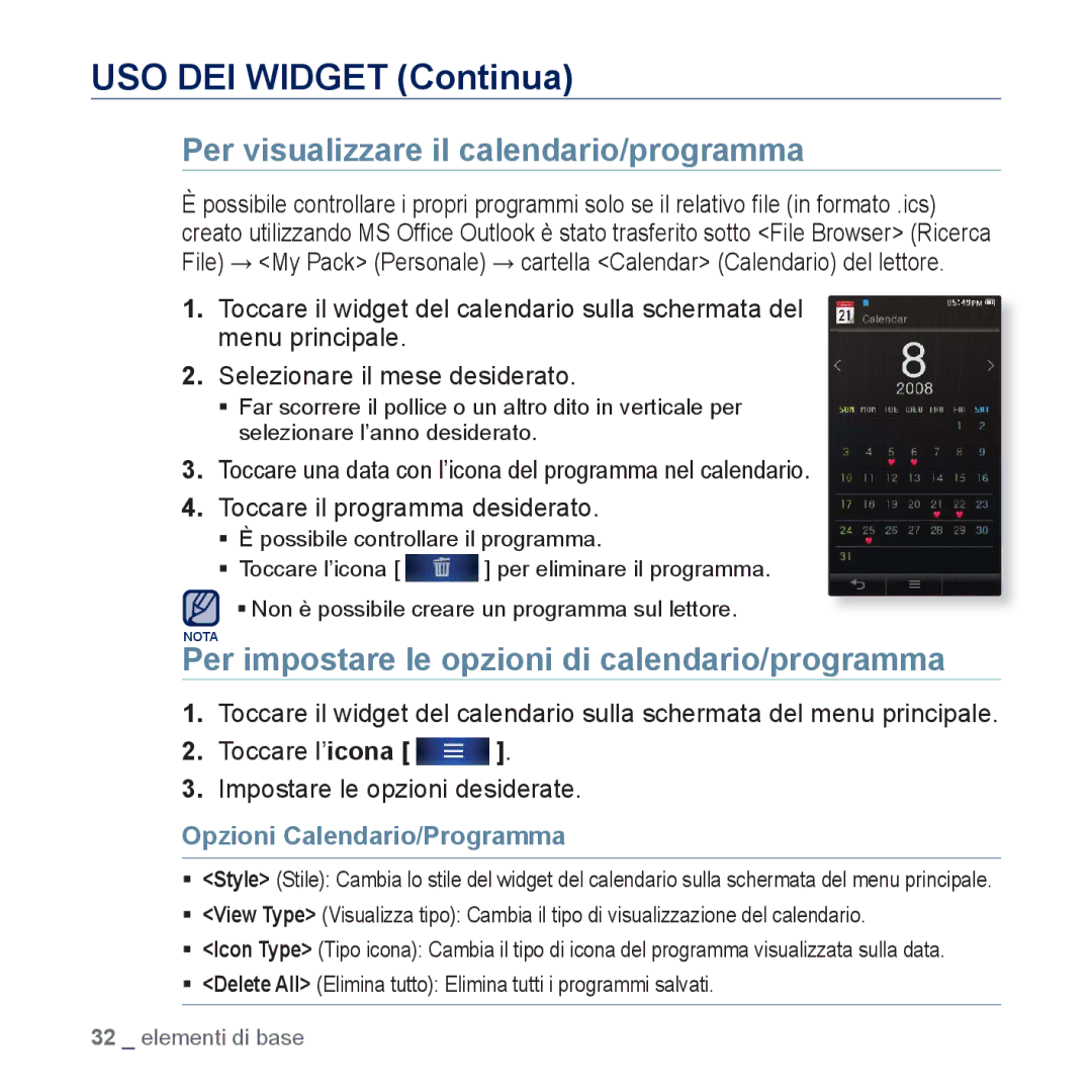 Samsung YP-P3JCB/EDC manual Per visualizzare il calendario/programma, Per impostare le opzioni di calendario/programma 