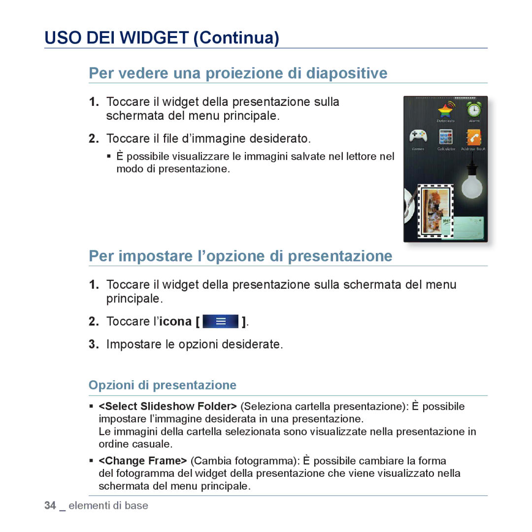 Samsung YP-P3JCB/XEG, YP-P3JEB/XEF manual Per vedere una proiezione di diapositive, Per impostare l’opzione di presentazione 