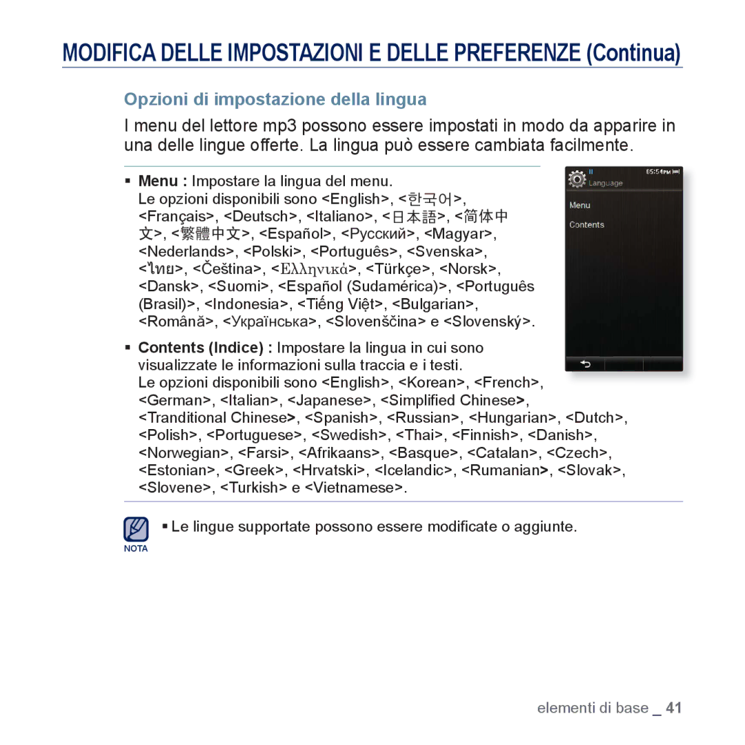 Samsung YP-P3JCB/XEG, YP-P3JEB/XEF, YP-P3JCB/XEF, YP-P3JES/EDC, YP-P3JEB/EDC manual Opzioni di impostazione della lingua 