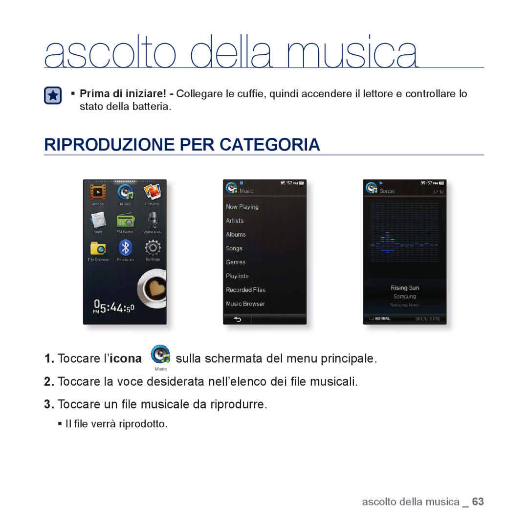 Samsung YP-P3JEB/XEF, YP-P3JCB/XEF, YP-P3JES/EDC, YP-P3JEB/EDC, YP-P3JCB/EDC Ascolto della musica, Riproduzione PER Categoria 