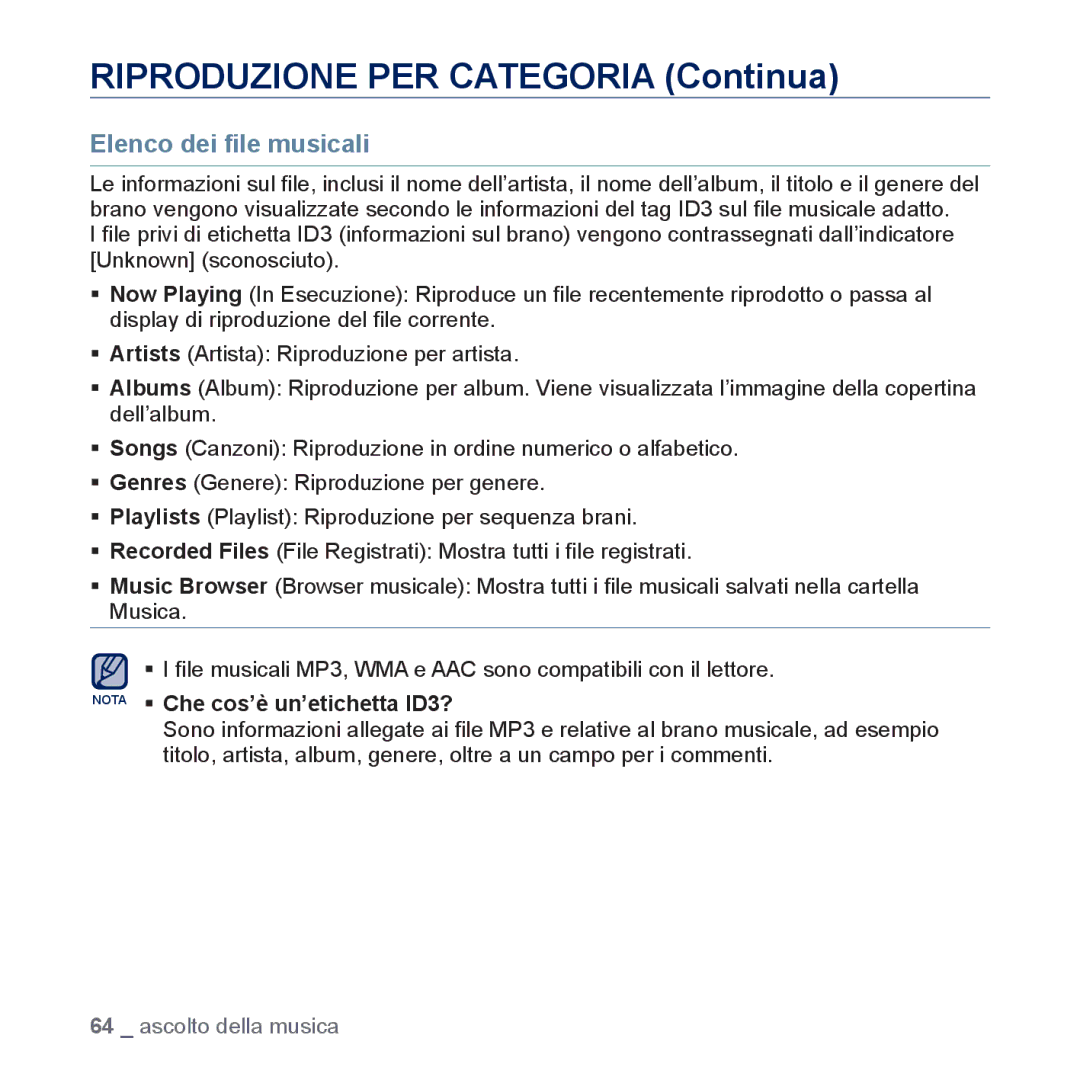 Samsung YP-P3JCB/XEF Riproduzione PER Categoria Continua, Elenco dei ﬁle musicali, Nota ƒ Che cos’è un’etichetta ID3? 