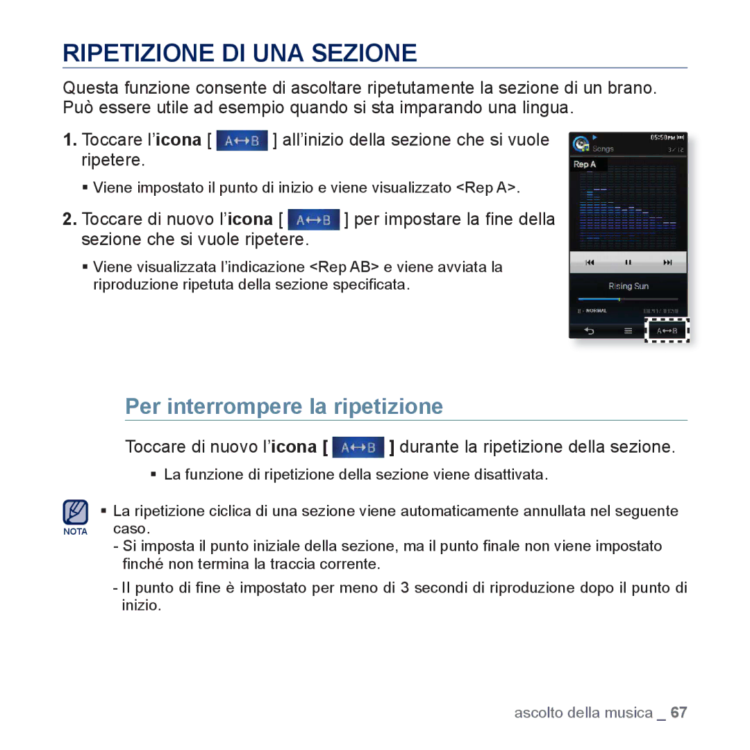 Samsung YP-P3JCB/EDC manual Ripetizione DI UNA Sezione, Per interrompere la ripetizione, Ripetere, Toccare di nuovo l’icona 