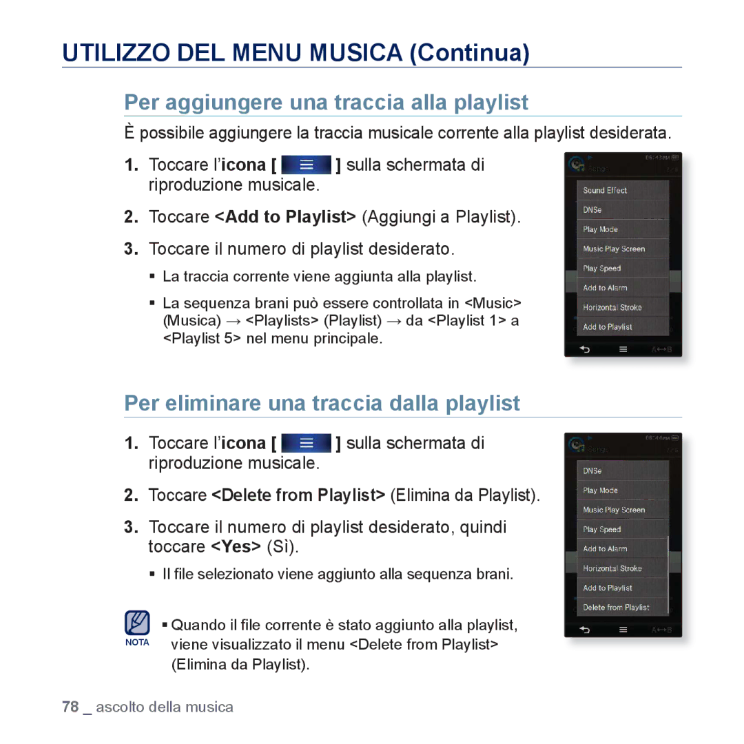 Samsung YP-P3JCB/XEF, YP-P3JEB/XEF manual Per aggiungere una traccia alla playlist, Per eliminare una traccia dalla playlist 