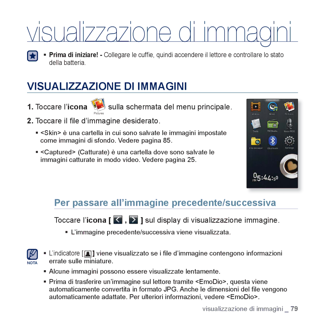 Samsung YP-P3JES/EDC, YP-P3JEB/XEF manual Visualizzazione DI Immagini, Per passare all’immagine precedente/successiva 