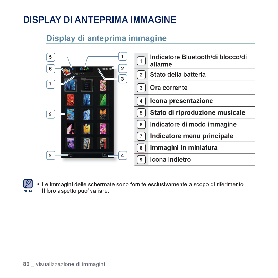 Samsung YP-P3JEB/EDC, YP-P3JEB/XEF manual Display DI Anteprima Immagine, Display di anteprima immagine, Icona Indietro 