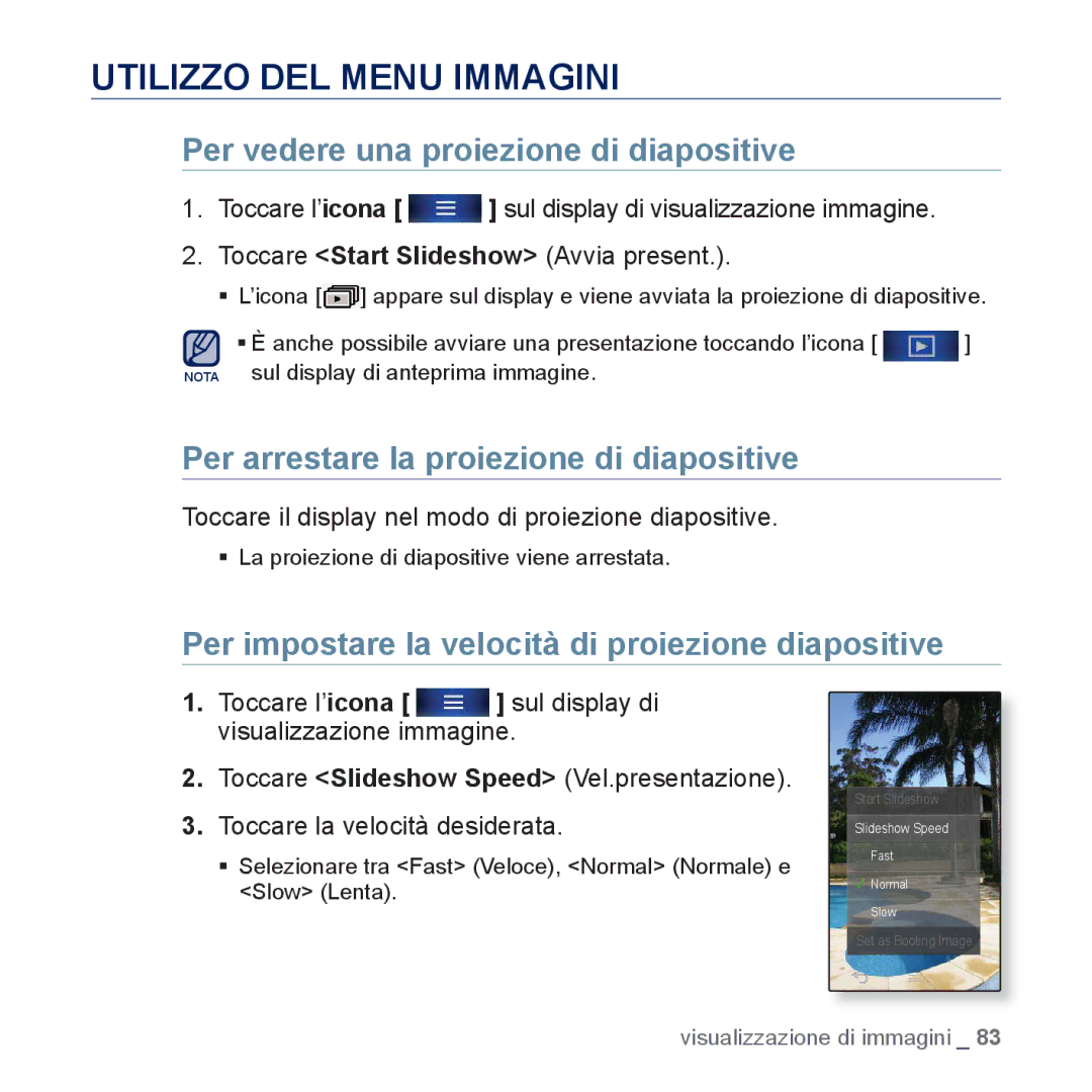 Samsung YP-P3JCB/XEG, YP-P3JEB/XEF, YP-P3JCB/XEF Utilizzo DEL Menu Immagini, Per arrestare la proiezione di diapositive 