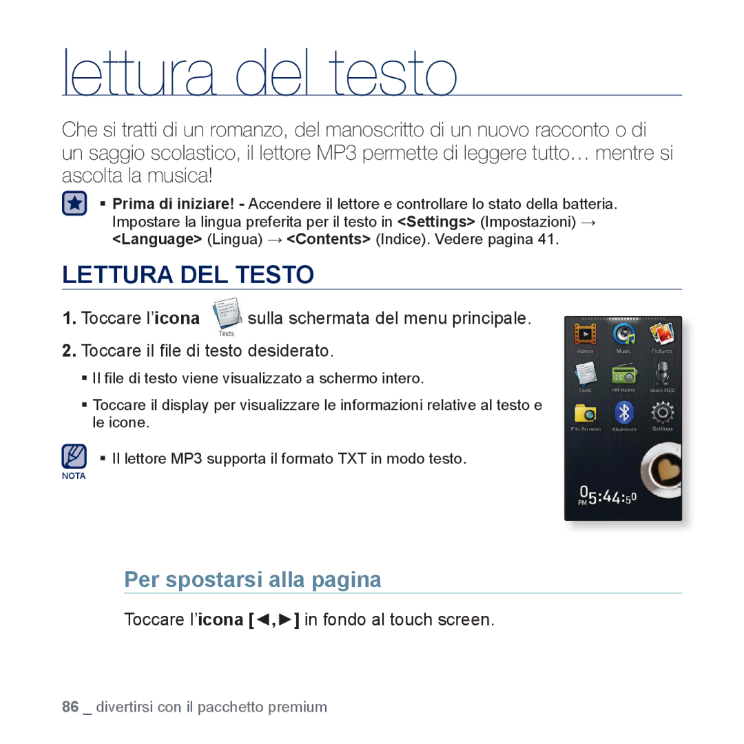 Samsung YP-P3JES/EDC, YP-P3JEB/XEF, YP-P3JCB/XEF manual Lettura del testo, Lettura DEL Testo, Per spostarsi alla pagina 