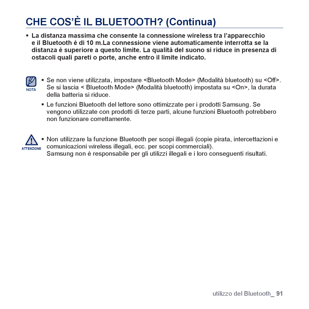 Samsung YP-P3JEB/XEF, YP-P3JCB/XEF, YP-P3JES/EDC, YP-P3JEB/EDC, YP-P3JCB/EDC, YP-P3JCS/EDC CHE COS’È IL BLUETOOTH? Continua 