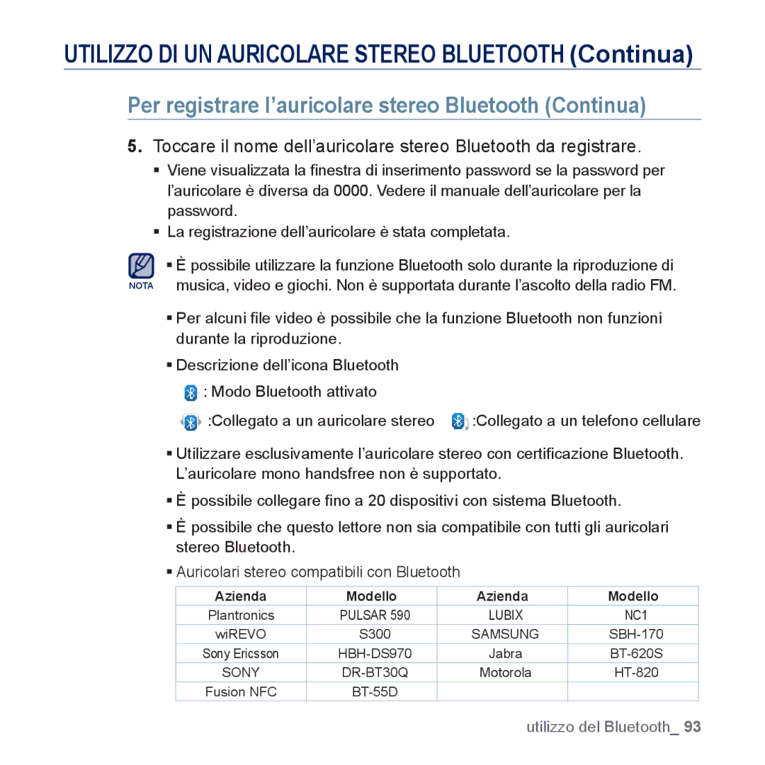Samsung YP-P3JES/EDC, YP-P3JEB/XEF, YP-P3JCB/XEF Per registrare l’auricolare stereo Bluetooth Continua, Azienda Modello 
