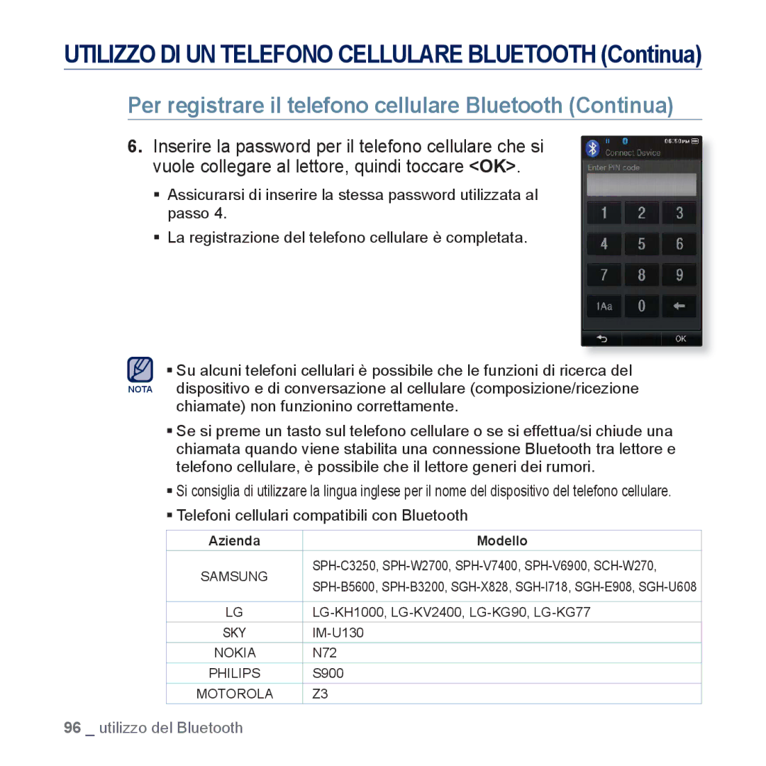 Samsung YP-P3JCS/EDC, YP-P3JEB/XEF, YP-P3JCB/XEF, YP-P3JES/EDC manual Per registrare il telefono cellulare Bluetooth Continua 