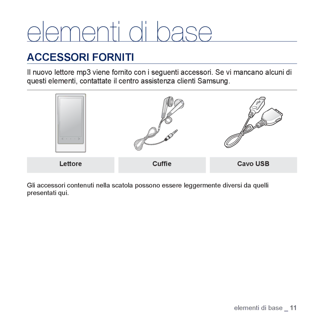 Samsung YP-P3JCB/EDC, YP-P3JEB/XEF, YP-P3JCB/XEF, YP-P3JES/EDC, YP-P3JEB/EDC manual Accessori Forniti, Lettore Cufﬁe Cavo USB 