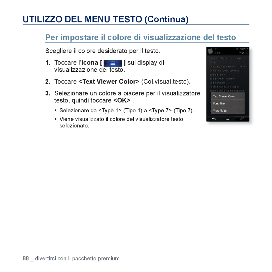 Samsung YP-P3JCB/EDC, YP-P3JEB/XEF Utilizzo DEL Menu Testo Continua, Per impostare il colore di visualizzazione del testo 