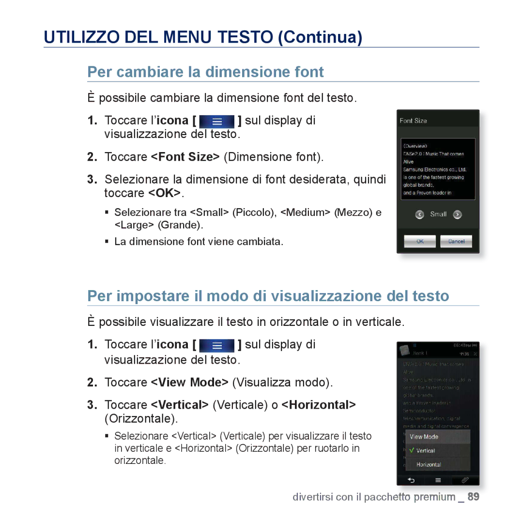 Samsung YP-P3JCS/EDC, YP-P3JEB/XEF Per cambiare la dimensione font, Per impostare il modo di visualizzazione del testo 