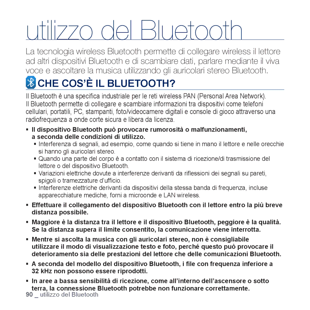 Samsung YP-P3JCB/XEG, YP-P3JEB/XEF, YP-P3JCB/XEF, YP-P3JES/EDC, YP-P3JEB/EDC Utilizzo del Bluetooth, Che Cos’È Il Bluetooth? 