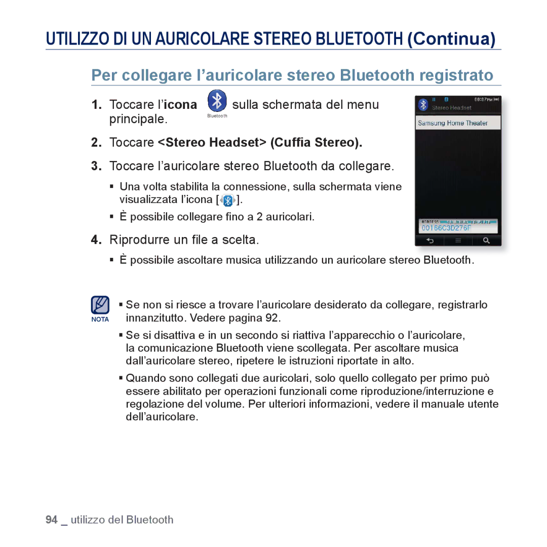 Samsung YP-P3JEB/EDC manual Per collegare l’auricolare stereo Bluetooth registrato, Toccare Stereo Headset Cufﬁa Stereo 