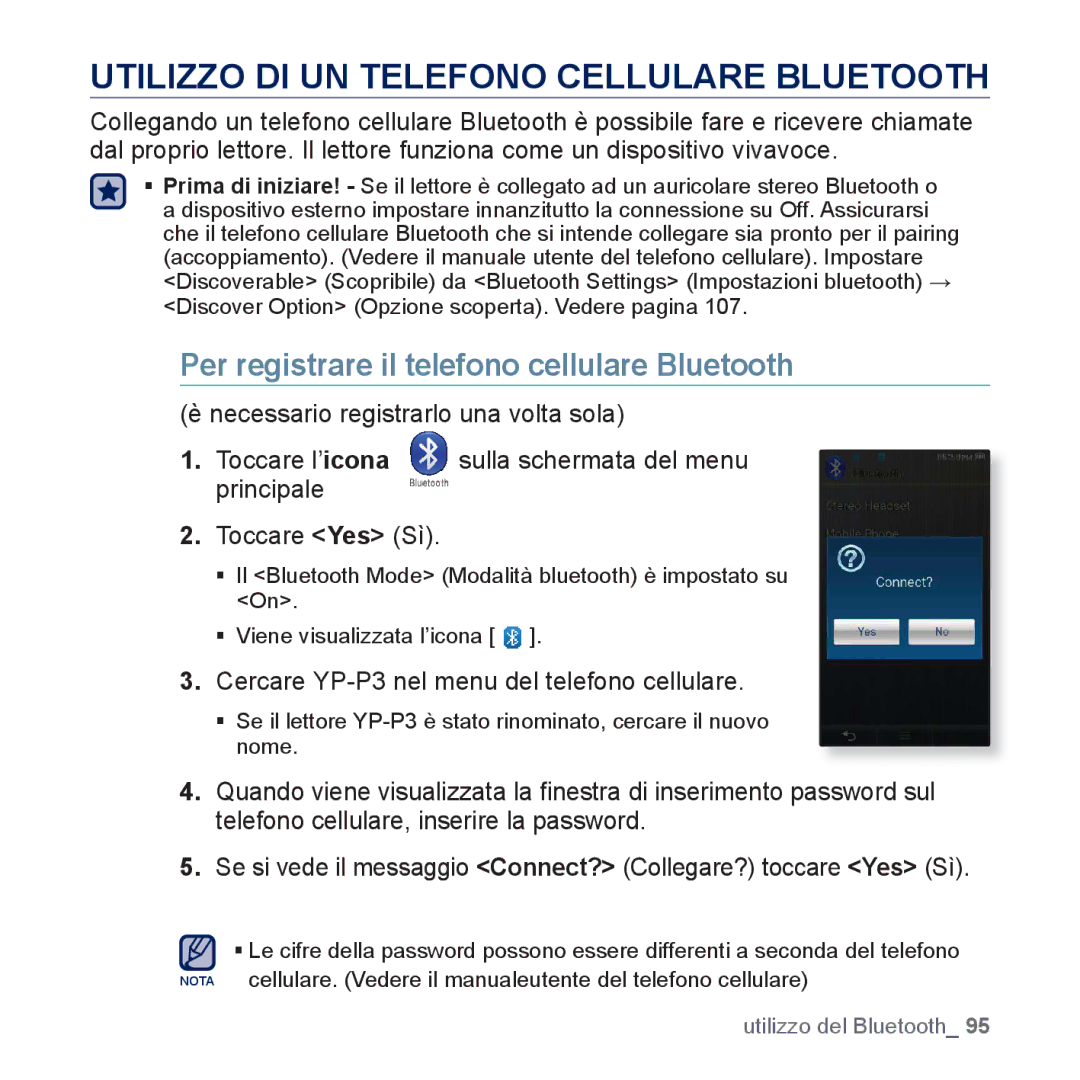 Samsung YP-P3JCB/EDC manual Utilizzo DI UN Telefono Cellulare Bluetooth, Per registrare il telefono cellulare Bluetooth 