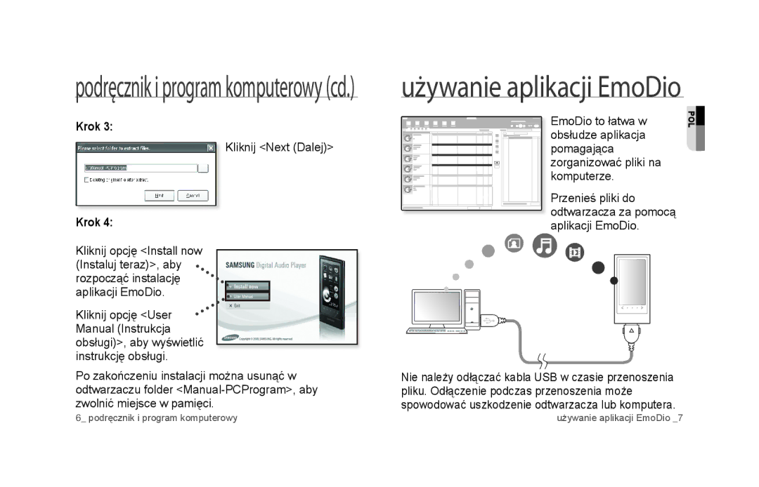 Samsung YP-P3JEB/XEF, YP-P3JCB/XEF, YP-P3JES/EDC, YP-P3JEB/EDC manual Podręcznik i program komputerowy cd, Kliknij Next Dalej 