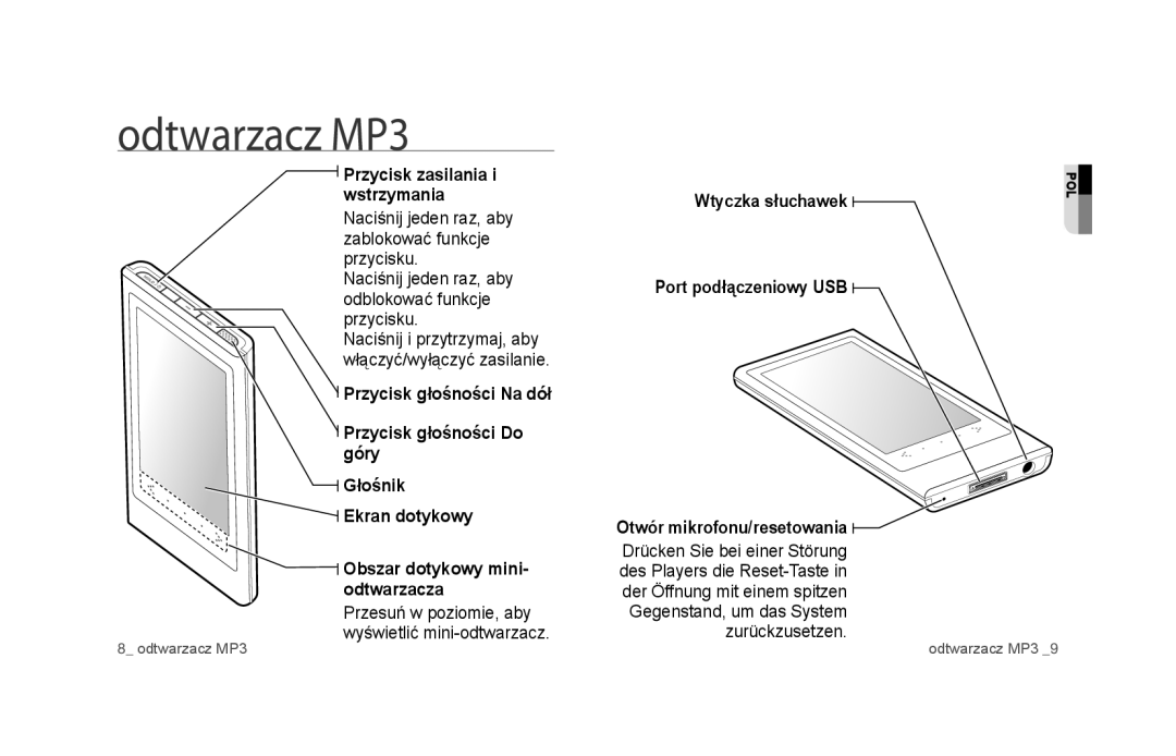 Samsung YP-P3JCB/XEF, YP-P3JEB/XEF, YP-P3JES/EDC, YP-P3JEB/EDC, YP-P3JCB/EDC Odtwarzacz MP3, Przycisk zasilania i wstrzymania 