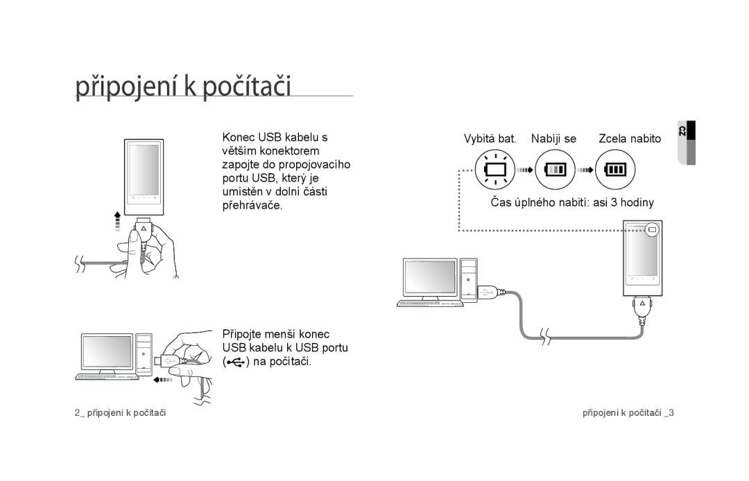 Samsung YP-P3JCB/EDC, YP-P3JEB/XEF, YP-P3JCB/XEF, YP-P3JES/EDC, YP-P3JEB/EDC manual Připojení k počítači, Vybitá bat. Nabíjí se 