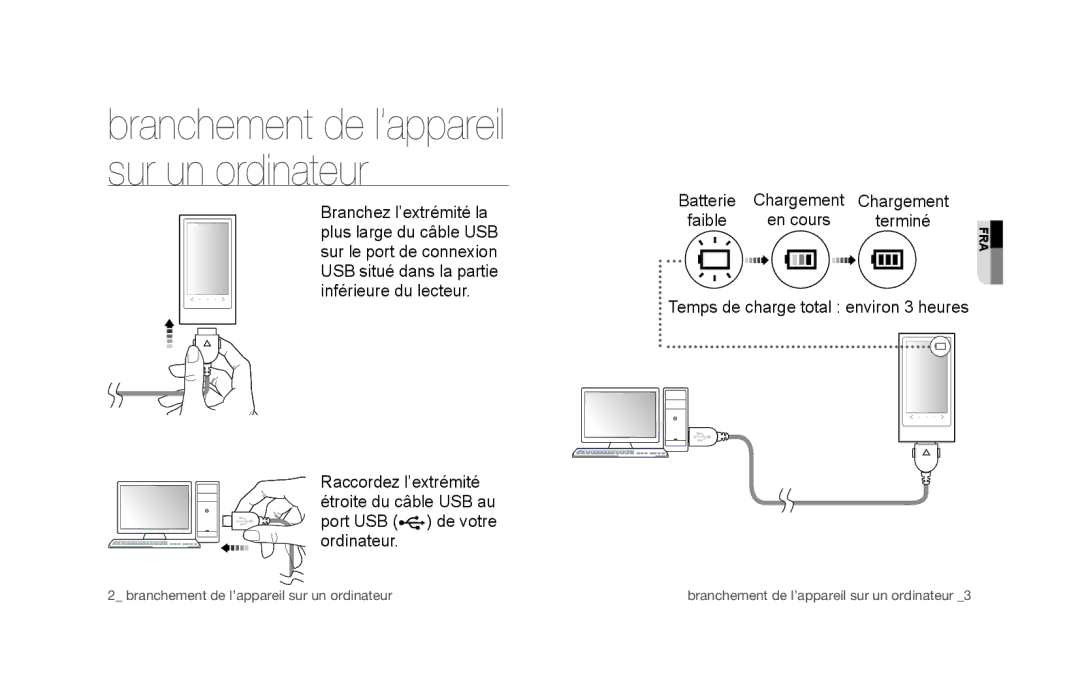 Samsung YP-P3JCB/XEG, YP-P3JEB/XEF, YP-P3JCB/XEF, YP-P3JES/EDC, YP-P3JEB/EDC manual Branchement de l’appareil sur un ordinateur 