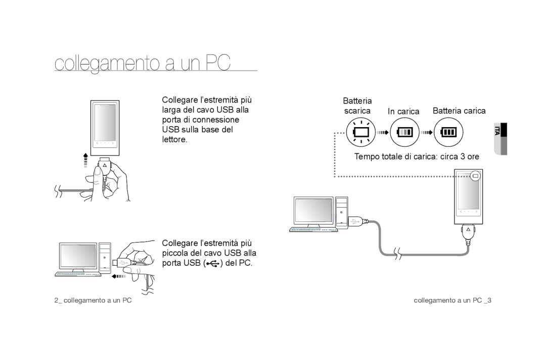 Samsung YP-P3JES/EDC, YP-P3JEB/XEF, YP-P3JCB/XEF manual Collegamento a un PC, Carica, Tempo totale di carica circa 3 ore 