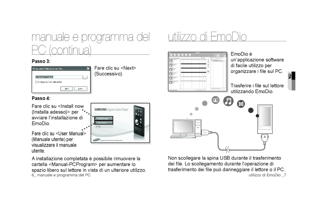 Samsung YP-P3JCB/EDC, YP-P3JEB/XEF, YP-P3JCB/XEF, YP-P3JES/EDC manual Utilizzo di EmoDio, Manuale e programma del PC continua 