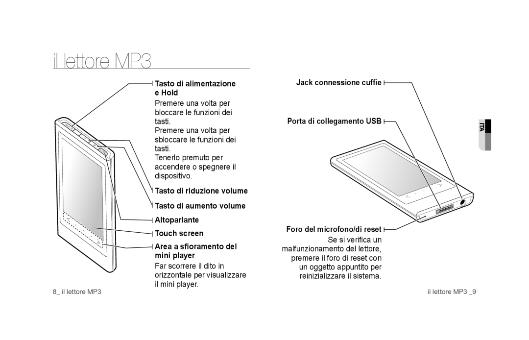 Samsung YP-P3JCS/EDC, YP-P3JEB/XEF, YP-P3JCB/XEF, YP-P3JES/EDC, YP-P3JEB/EDC Il lettore MP3, Tasto di alimentazione e Hold 