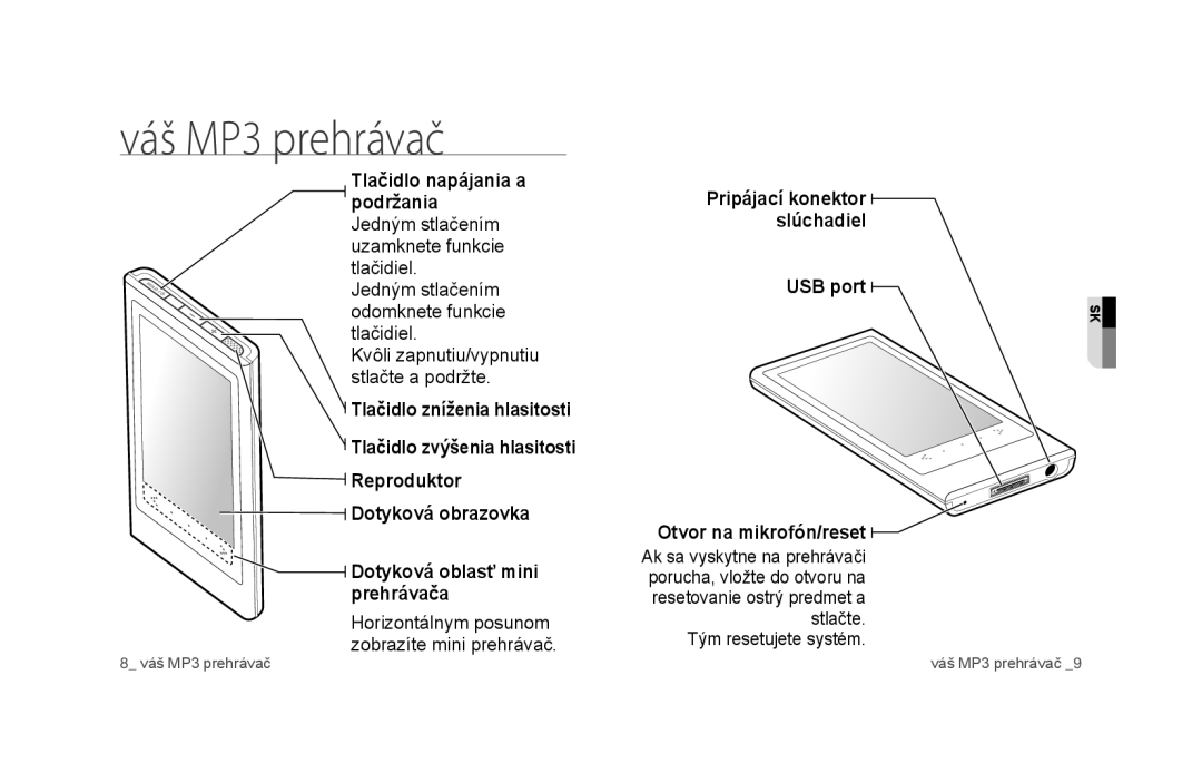 Samsung YP-P3JCB/XEF, YP-P3JEB/XEF, YP-P3JES/EDC Váš MP3 prehrávač, Podržania Jedným stlačením uzamknete funkcie tlačidiel 