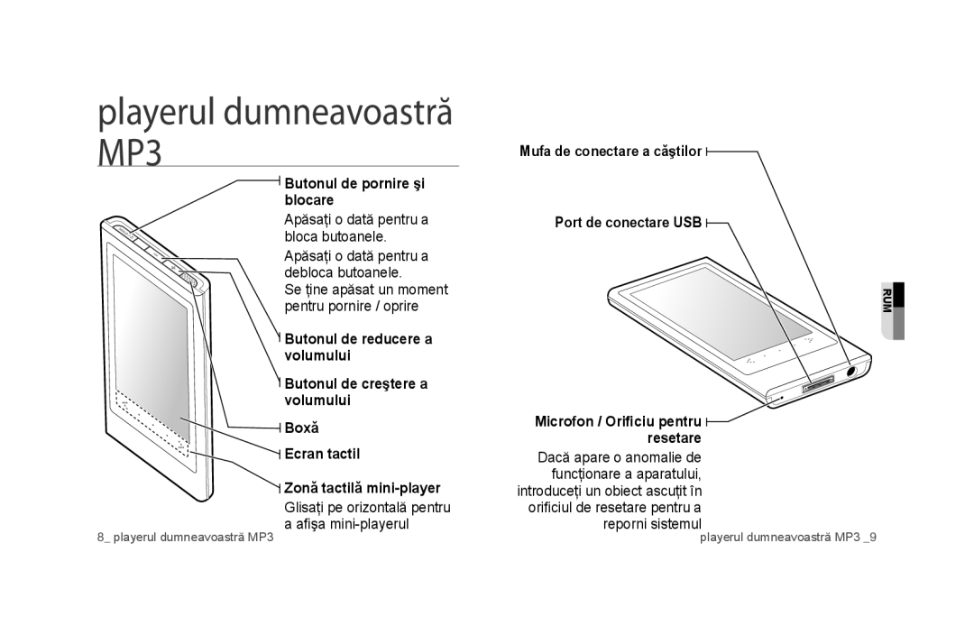 Samsung YP-P3JEB/EDC, YP-P3JEB/XEF, YP-P3JCB/XEF, YP-P3JES/EDC Playerul dumneavoastră MP3, Butonul de pornire şi blocare 