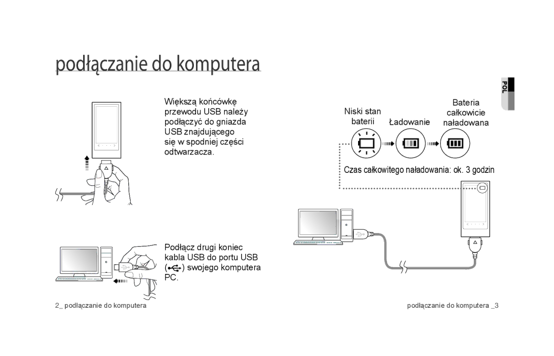 Samsung YP-P3JCS/XEG, YP-P3JEB/XEF Podłączanie do komputera, Bateria Niski stancałkowicie baterii Ładowanie naładowana 